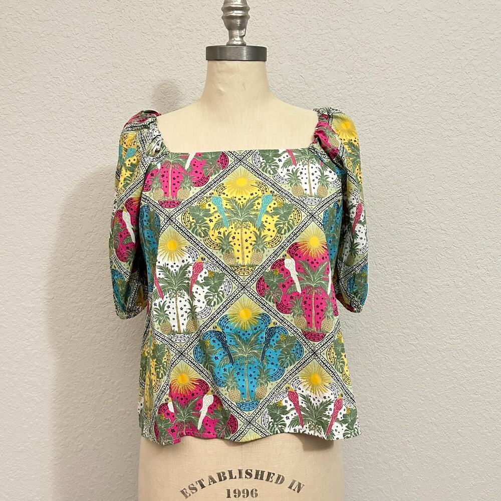 LOFT Top Tropical Parrot Palm Tree Square Neck Blouse NWT